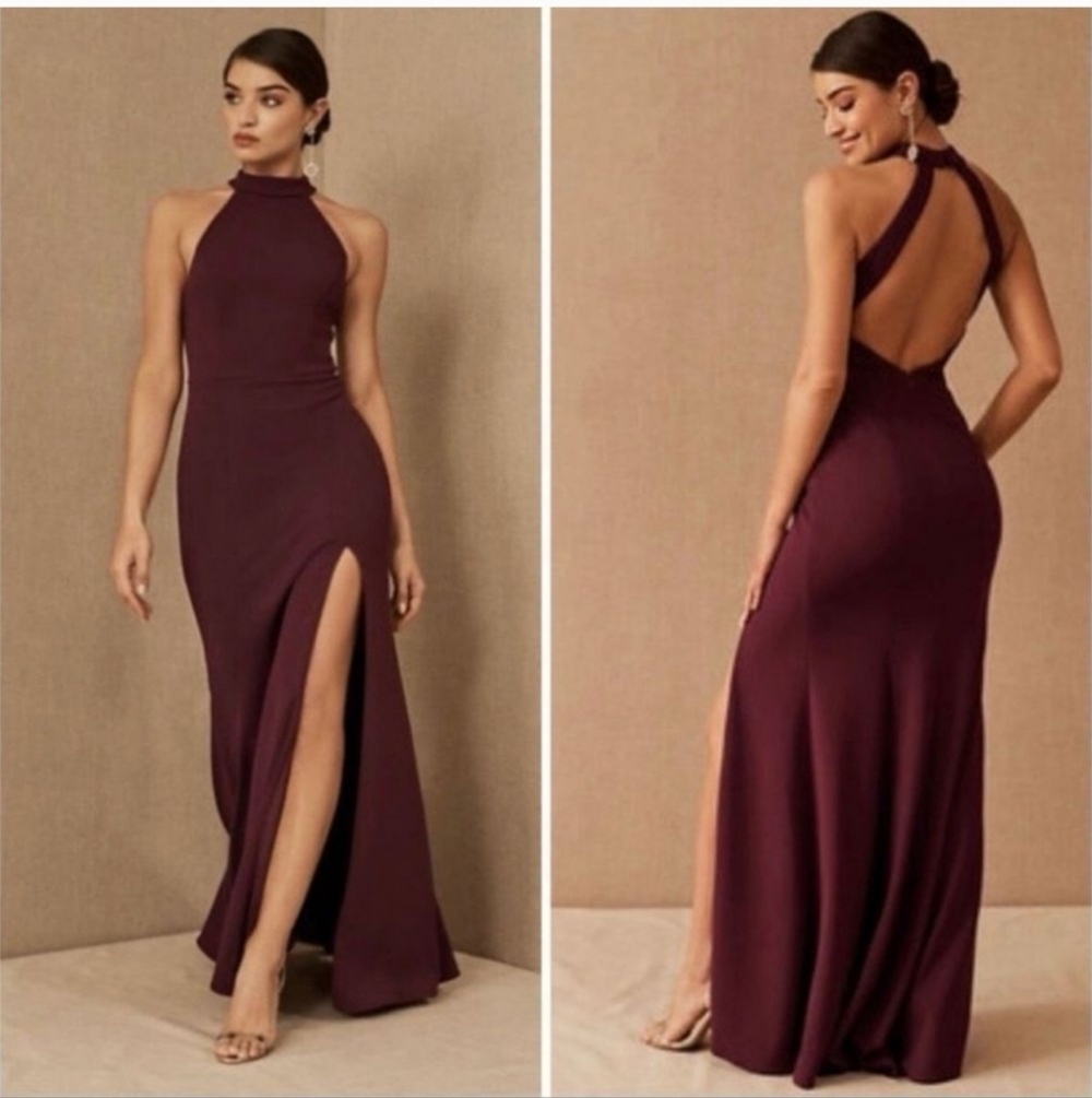 Anthropologie BHLDN Montreal Maxi Dress Halter Backless Burgundy Size 16 Flutter